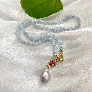 Aquamarine Candy Necklace, Baroque Pearl Pendant, GV, 19-21"