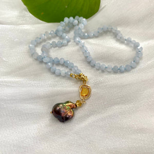 Aquamarine Candy Necklace, Baroque Pearl Pendant, GV, 19-21"