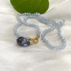 Aquamarine Candy Necklace, Baroque Pearl Pendant, GV, 19-21"
