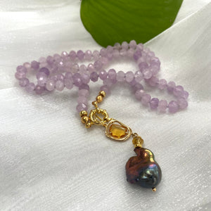 Lavender Amethyst Candy Necklace, Baroque Pearl Pendant, Gold Vermeil, February birthstone, 18.5"