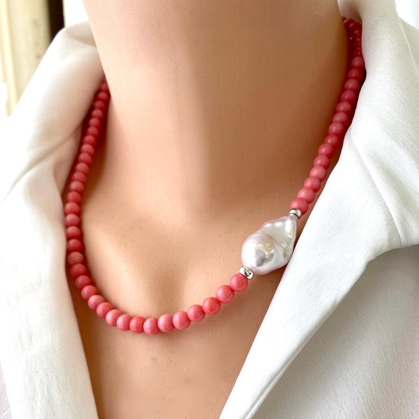 Pink Coral and Baroque Pearl Necklace with Sterling Silver Details, Summer jewelry, Beach jewelry, 18.5