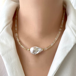 Citrine & White Baroque Pearl Necklace, 18"in, November Birthstone, Gold Vermeil Silver
