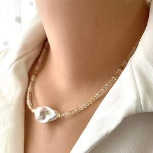 Citrine & White Baroque Pearl Necklace, 18"in, November Birthstone, Gold Vermeil Silver