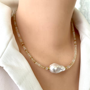 Citrine & White Baroque Pearl Necklace, 18"in, November Birthstone, Gold Vermeil Silver