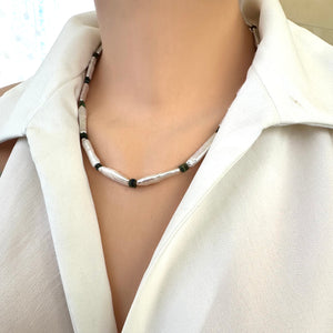 Biwa Stick White Pearls & Ethiopian Black Opal Necklace, 14K GF, 19" – Handmade in Canada