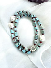 Charger l&#39;image dans la galerie, Blue Larimar, Red Rubies &amp; Baroque Pearl Necklace, 24.5”,  Silver Marine Clasp – Handmade in Canada
