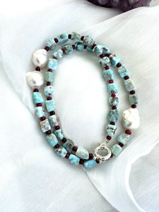 Blue Larimar, Red Rubies & Baroque Pearl Necklace, 24.5”,  Silver Marine Clasp – Handmade in Canada