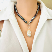 Load image into Gallery viewer, Black Pearl Necklace with White Baroque Pearl Removable Pendant, Silver, 18&quot;
