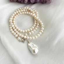 Charger l&#39;image dans la galerie, Pearl Necklace with Removable Baroque Pearl Pendant, 26&quot;, Sterling Silver Marine Clasp – Handmade in Canada
