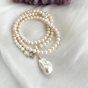 Pearl Necklace with Removable Baroque Pearl Pendant, 26", Sterling Silver Marine Clasp – Handmade in Canada