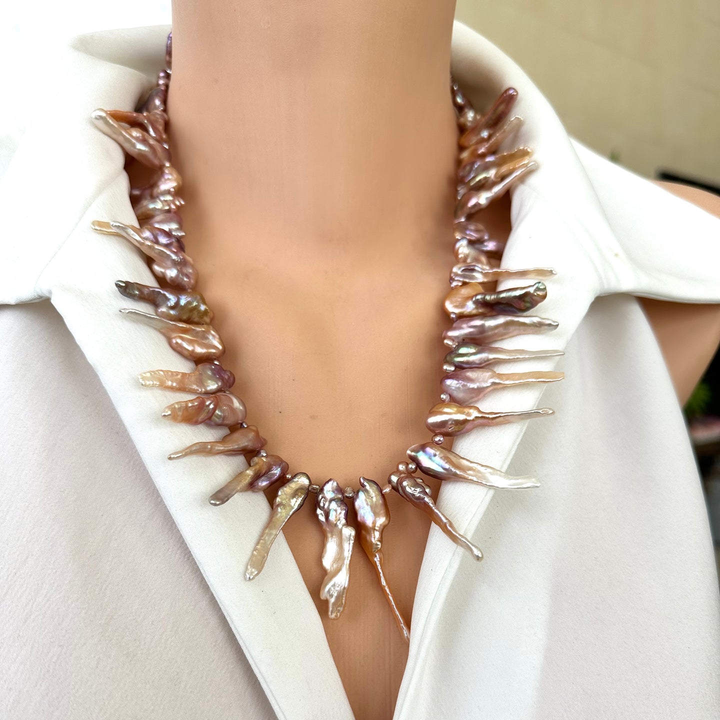 Spectacular Purplish Pink Biwa Pearls Necklace – 21” Inches – Gold Vermeil – Handmade in Canada