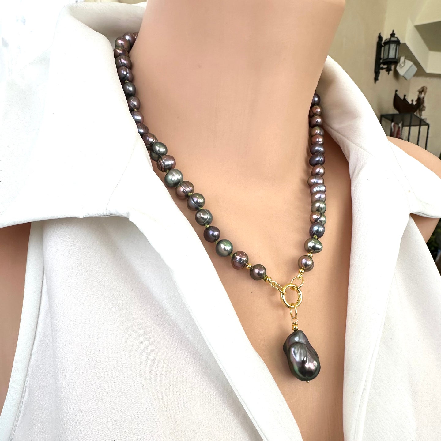 Handmade Freshwater Peacock Black Pearl Necklace & Removable Baroque Pearl Pendant, GV, 19