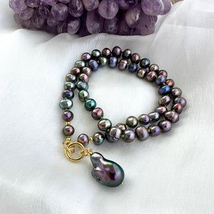 Handmade Freshwater Peacock Black Pearl Necklace & Removable Baroque Pearl Pendant, GV, 19"– Canadian Jewelry