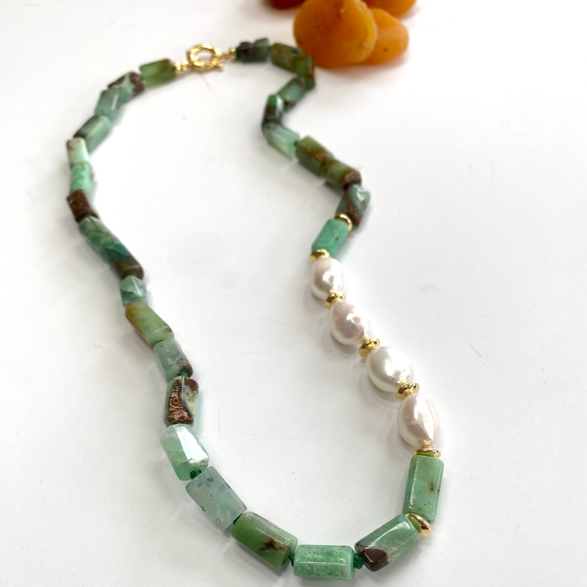 Chrysoprase Pearl Necklace – Gold Statement Jewelry featuring green chrysoprase and white freshwater pearls.