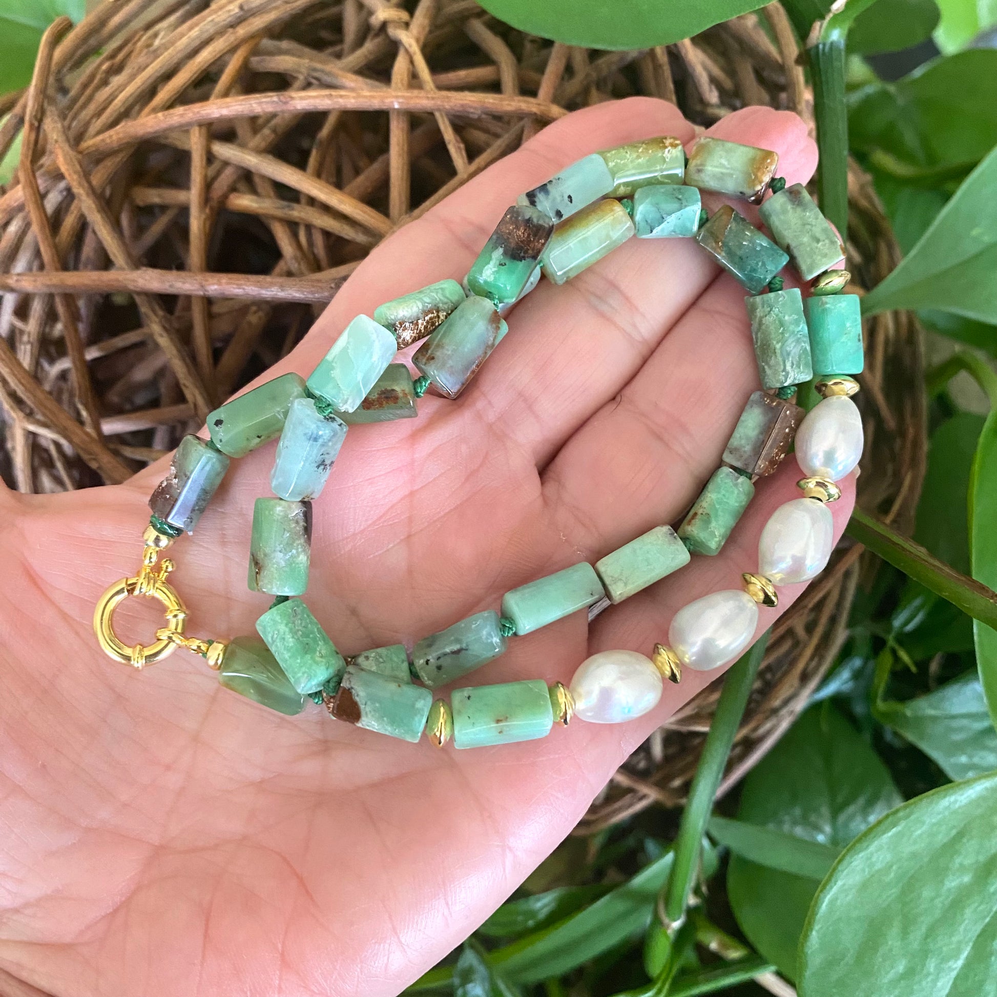 Chrysoprase Pearl Necklace featuring faceted light green chrysoprase and white freshwater pearls, gold accents.