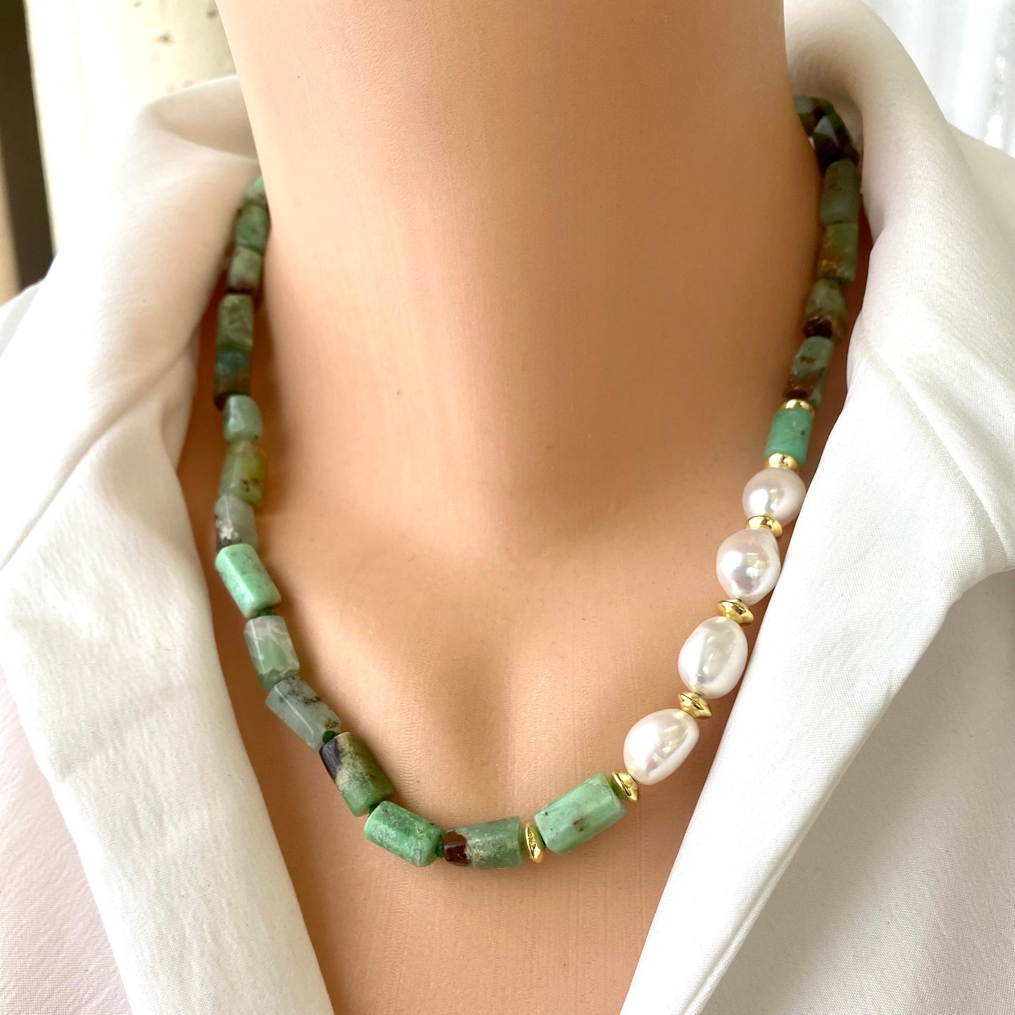 Chrysoprase Pearl Necklace showcased on a mannequin, featuring faceted chrysoprase beads and white freshwater pearls.
