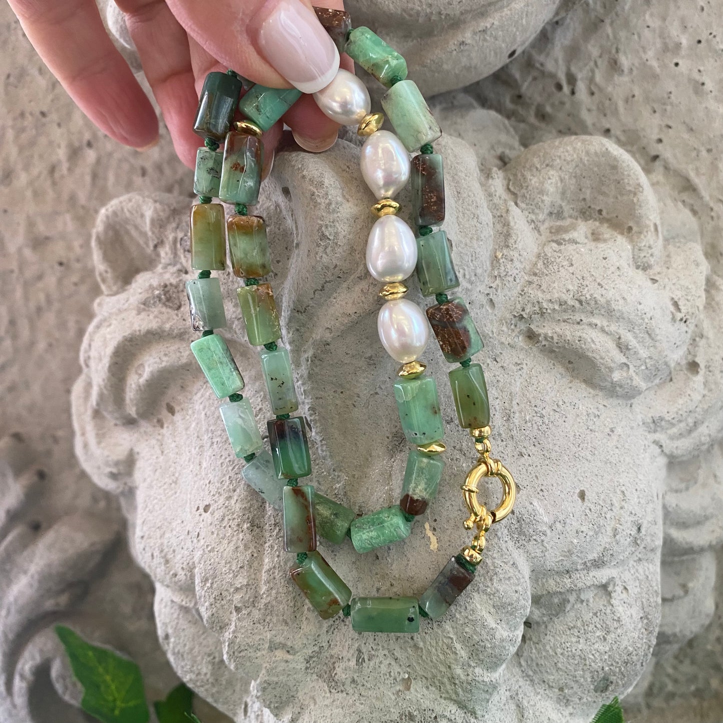 Chrysoprase Pearl Necklace featuring faceted chrysoprase beads and freshwater pearls, handmade gold statement jewelry.