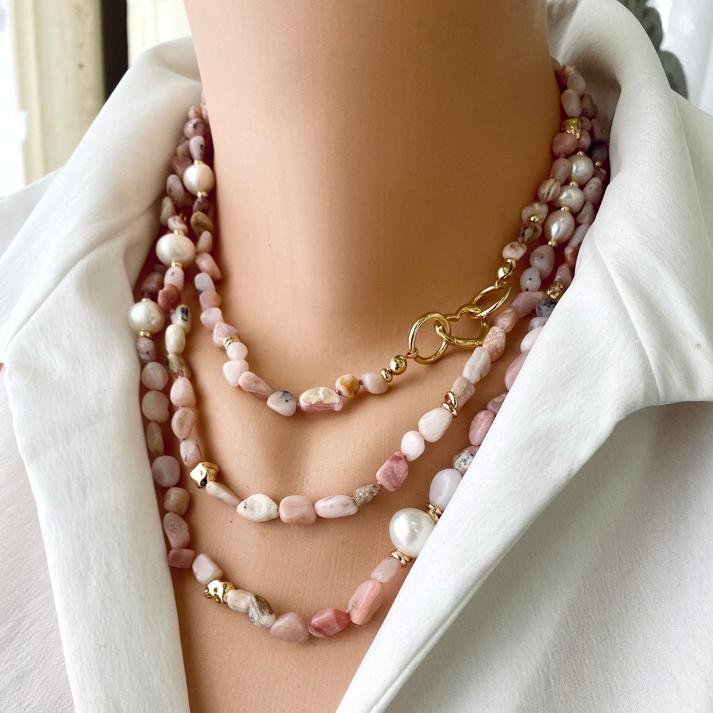 Hand Knotted Baroque Pink Opal & Freshwater Pearl Necklace, 58'inches, Gold Plated