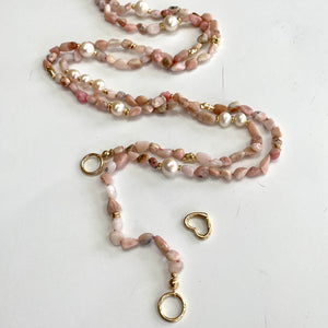 Hand Knotted Baroque Pink Opal & Freshwater Pearl Necklace, 58'inches, Gold Plated