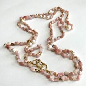 Hand Knotted Baroque Pink Opal & Freshwater Pearl Necklace, 58'inches, Gold Plated