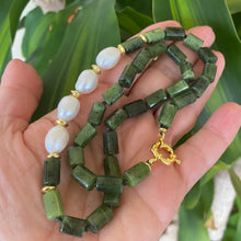Cargar imagen en el visor de la galería, Green Canadian Jade Tube Beads Necklace w Gold Vermeil Plated Silver &amp; Fresh Water Pearls, 18.5&quot;In
