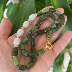 Green Canadian Jade Tube Beads Necklace w Gold Vermeil Plated Silver & Fresh Water Pearls, 18.5"In