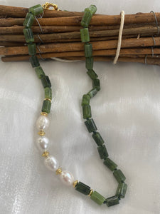 Green Canadian Jade Tube Beads Necklace w Gold Vermeil Plated Silver & Fresh Water Pearls, 18.5"In