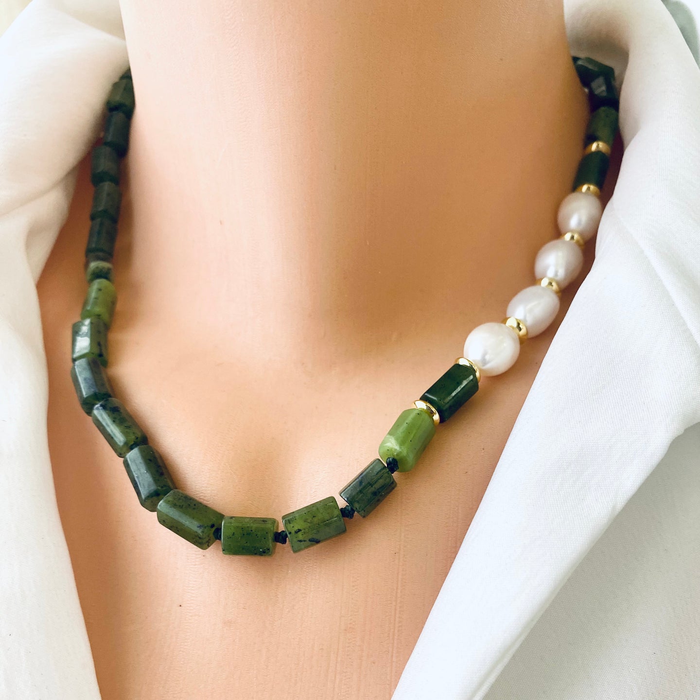 Green Canadian Jade Tube Beads Necklace w Gold Vermeil Plated Silver & Fresh Water Pearls