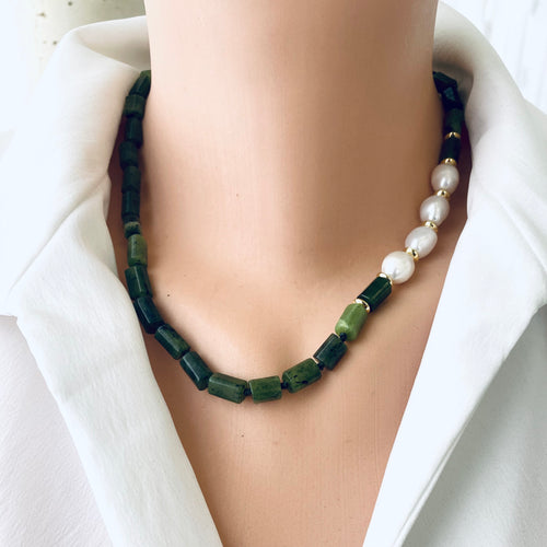 Green Canadian Jade Tube Beads Necklace w Gold Vermeil Plated Silver & Fresh Water Pearls