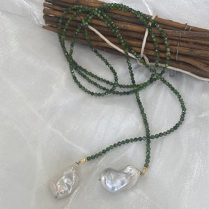 Green Diopside Garnet Beads & Two Baroque Pearls Lariat Wrap Necklace, Gold Plated silver, 49"in