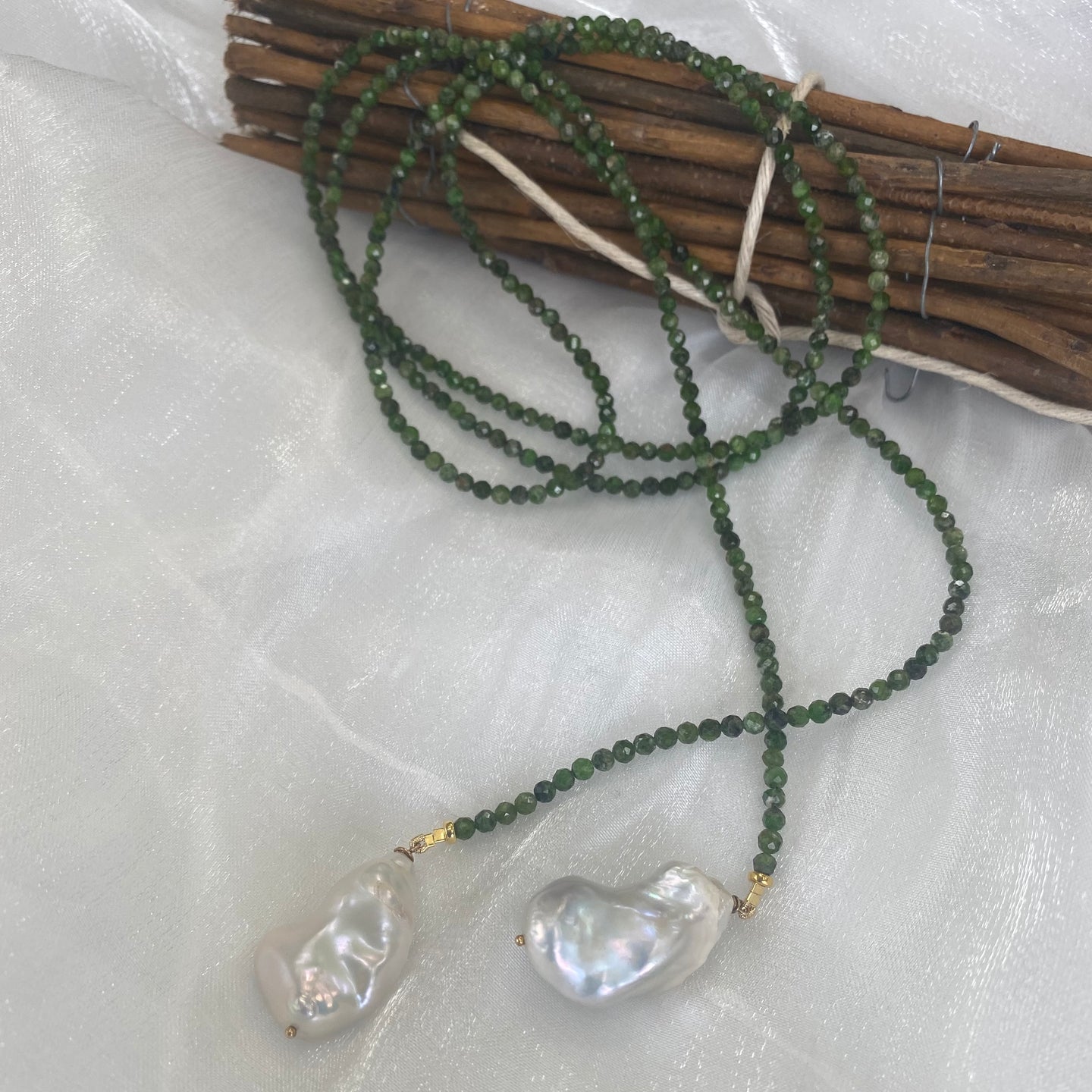 Green Diopside Garnet Beads & Two Baroque Pearls Lariat Wrap Necklace, Gold Plated silver, 49