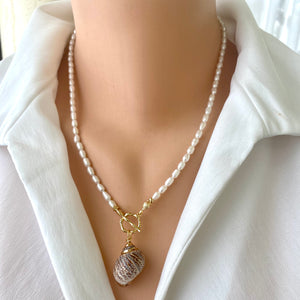 Real Seashell and Freshwater Pearl Necklace, Baroque Pearl & White Shell Pendant, 16”-19"in
