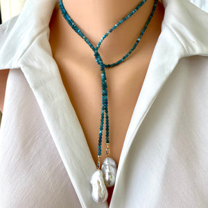 Single Strand of Blue Apatite & two Large Baroque Pearls Beaded Necklace, 41"inches