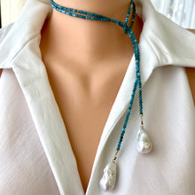 Lade das Bild in den Galerie-Viewer, Single Strand of Blue Apatite &amp; two Large Baroque Pearls Beaded Necklace, 41&quot;inches
