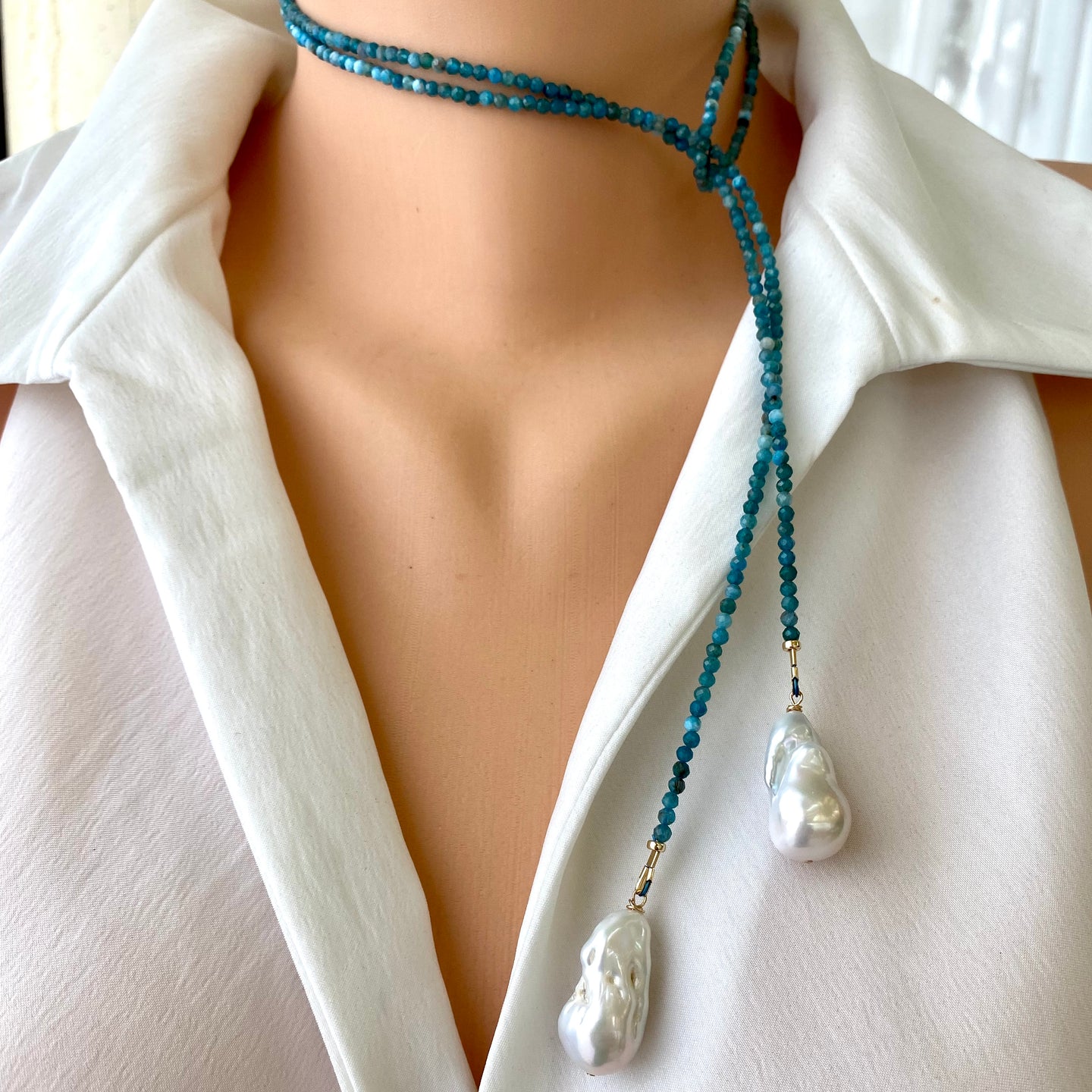 Single Strand of Blue Apatite & two Large Baroque Pearls Beaded Necklace, 41
