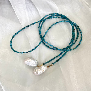 Single Strand of Blue Apatite & two Large Baroque Pearls Beaded Necklace, 41"inches