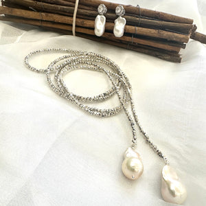 Single Strand of Silver Pyrite and Large Baroque Pearl Lariat Wrap Necklace, 45"