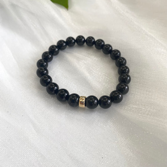 Black Tourmaline Bracelet – 8mm Beads with 14K Gold Filled accent, handcrafted design.