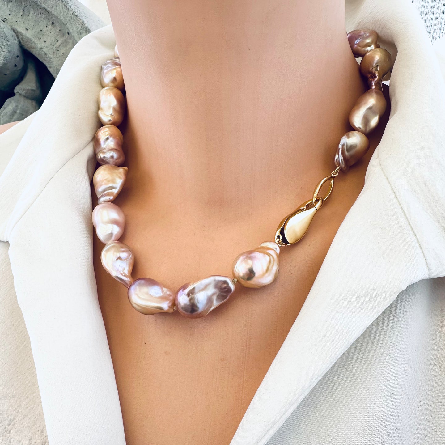 Handmade Freshwater Pearl Necklace – Golden Pink Baroque Pearl Necklace with Stylish Gold Plated Silver Clasp, 18
