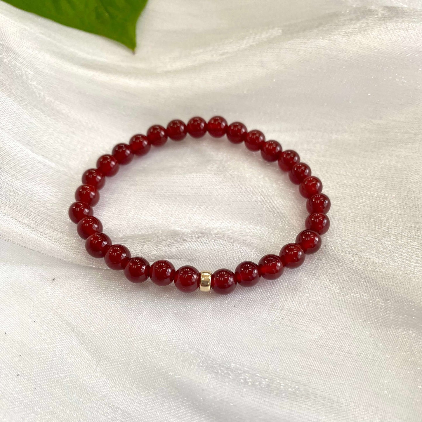 Red Agate Bracelet – 6mm beads in 14K Gold Filled, highlighting vivid red-orange tones on elegant design.