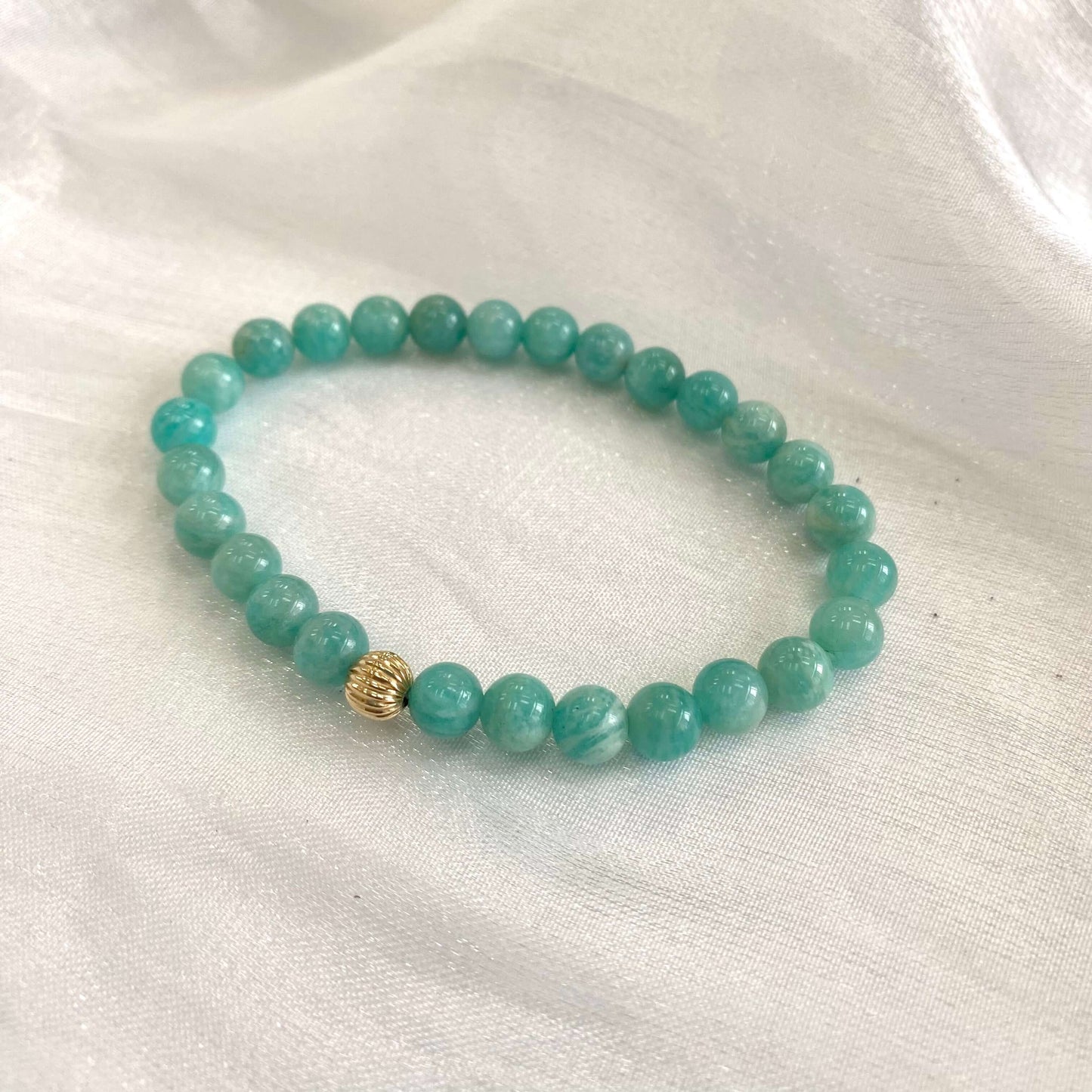 Green Amazonite Stretch Bracelet – 6mm or 8mm, 14K Gold Filled with soft blue-green tones and gold accent.