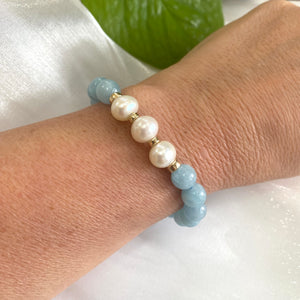 Bracelet en aigue-marine 8 mm et perles d'eau douce, 14 carats GF, 7 pouces