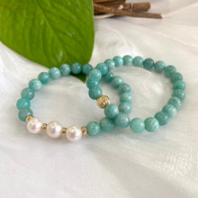 Cargar imagen en el visor de la galería, Amazonite &amp; Freshwater Pearl Stretchy Bracelet, 14K GF, 7&quot;
