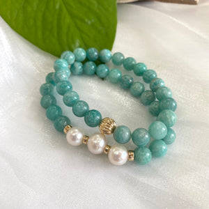 Amazonite & Freshwater Pearl Stretchy Bracelet, 14K GF, 7"