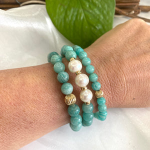 Amazonite & Freshwater Pearl Stretchy Bracelet, 14K GF, 7"