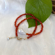 Load image into Gallery viewer, Burnt Orange Carnelian Necklace, Freshwater White Baroque Pearl and Gold Filled Details, 16&quot;inches +2&quot;

