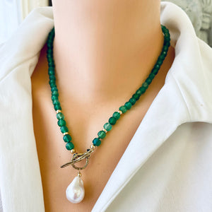 Green Onyx & Baroque Pearl Toggle Necklace, Gold Bronze, 19"