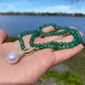 Green Onyx & Baroque Pearl Toggle Necklace, Gold Bronze, 19"