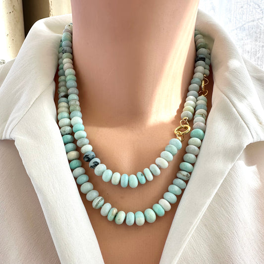 Blue Peru Opal Necklace Gold on model layered, candy opal rondelle beads with vermeil clasp
