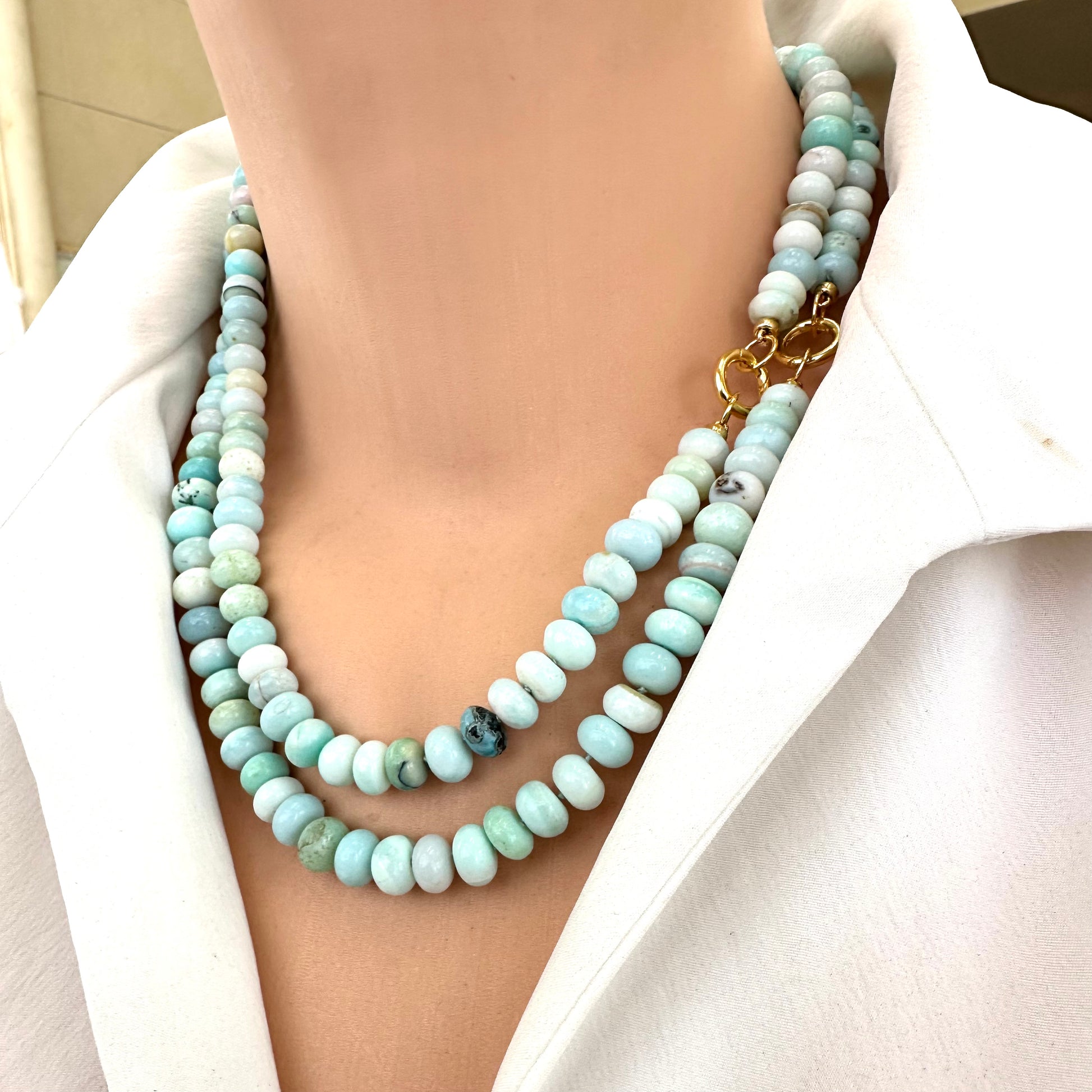 Blue Peru Opal Necklace Gold layered styling on model, pastel opal candy necklace look